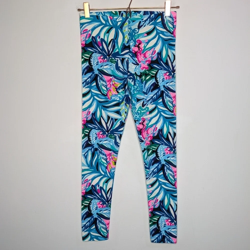 Lilly Pulitzer Blue Pink Tropical Leaf Cotton Blend Leggings XL